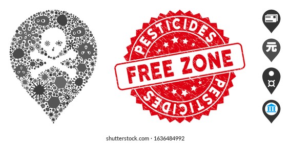 Flu mosaic death map marker icon and round corroded stamp watermark with Pesticides Free Zone phrase. Mosaic vector is created with death map marker icon and with random bacteria symbols.