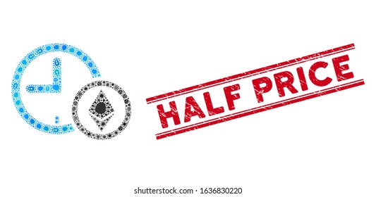 Flu mosaic Ethereum credit clock icon and red Half Price seal stamp between double parallel lines. Mosaic vector is created with Ethereum credit clock icon and with scattered pathogen items.