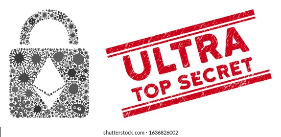 Flu mosaic Ethereum lock icon and red Ultra Top Secret rubber print between double parallel lines. Mosaic vector is composed from Ethereum lock icon and with random flu symbols.