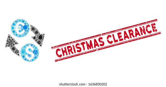 Flu mosaic Euro money exchange icon and red Christmas Clearance rubber print between double parallel lines. Mosaic vector is formed with Euro money exchange icon and with randomized microbe items.