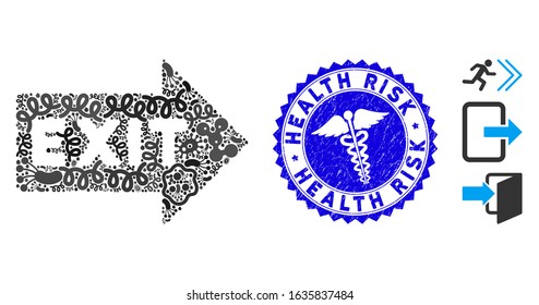 Flu mosaic exit arrow icon and round rubber stamp watermark with Health Risk text and health care icon. Mosaic vector is composed from exit arrow pictogram and with random flu items.
