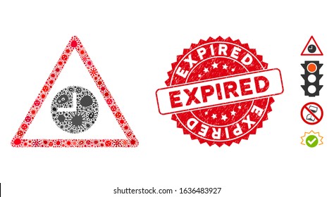 Flu mosaic expired warning icon and rounded rubber stamp seal with Expired phrase. Mosaic vector is formed with expired warning icon and with random pathogen items. Expired stamp seal uses red color,