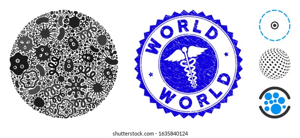 Flu mosaic filled circle icon and rounded corroded stamp watermark with World phrase and health care icon. Mosaic vector is formed with filled circle icon and with random viral items.
