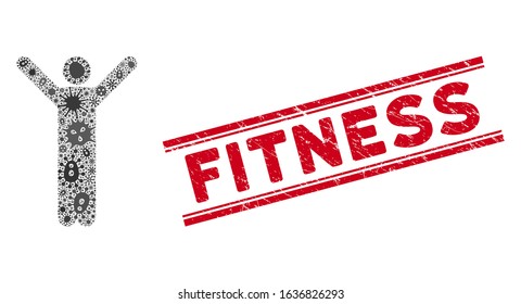 Flu mosaic happy man icon and red Fitness seal stamp between double parallel lines. Mosaic vector is composed with happy man pictogram and with scattered viral elements.