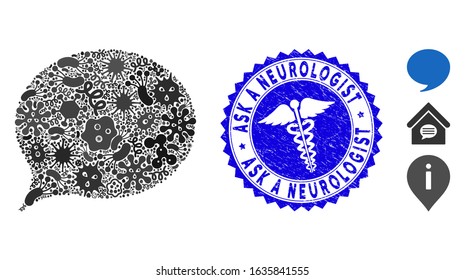 Flu mosaic hint icon and rounded grunge stamp seal with Ask a Neurologist caption and serpents sign. Mosaic vector is designed with hint pictogram and with random microorganism elements.