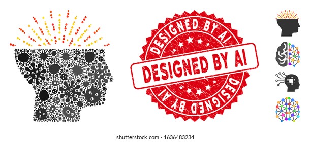 Flu mosaic imagination icon and rounded rubber stamp seal with Designed by Ai caption. Mosaic vector is created with imagination icon and with random viral items.