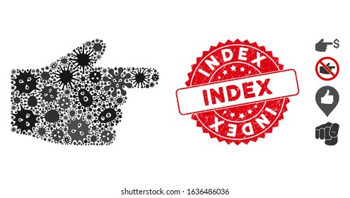Flu mosaic index finger icon and round grunge stamp seal with Index caption. Mosaic vector is composed with index finger pictogram and with scattered bacillus objects. Index stamp seal uses red color,