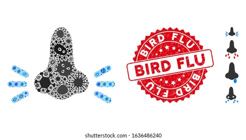 Flu mosaic infected nose icon and round rubber stamp seal with Bird Flu phrase. Mosaic vector is composed from infected nose icon and with random contagion icons. Bird Flu stamp uses red color,