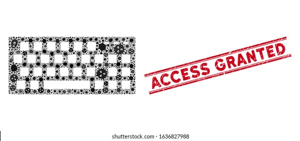 Flu mosaic keyboard icon and red Access Granted seal stamp between double parallel lines. Mosaic vector is composed with keyboard icon and with scattered pandemic icons.