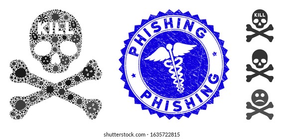 Flu mosaic kill death icon and rounded grunge stamp watermark with Phishing text and medical symbol. Mosaic vector is created with kill death icon and with random bacterium icons.