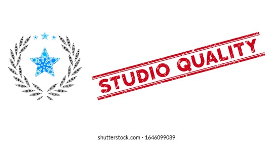 Icono de la estrella de laurel de mosaico gripal y sello rojo Studio Quality entre líneas paralelas dobles. El vector mosaico está compuesto por un icono del emblema de la estrella del laurel y con elementos de células microbianas aleatorizadas.