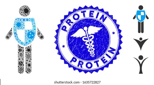 Flu mosaic life insurance icon and rounded corroded stamp seal with Protein phrase and healthcare symbol. Mosaic vector is created from life insurance icon and with randomized bacterium icons.