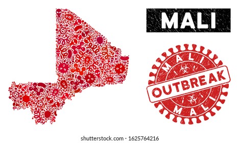 Flu mosaic Mali map and red grunge stamp seal with OUTBREAK message. Mali map collage created with randomized contagious items. Red round OUTBREAK seal stamp with grunge texture.