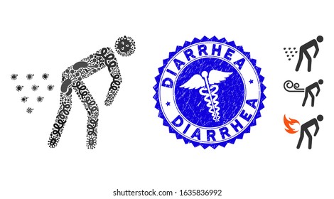 Flu mosaic man diarrhea icon and rounded grunge stamp seal with Diarrhea caption and healthcare icon. Mosaic vector is composed from man diarrhea icon and with randomized contagious icons.