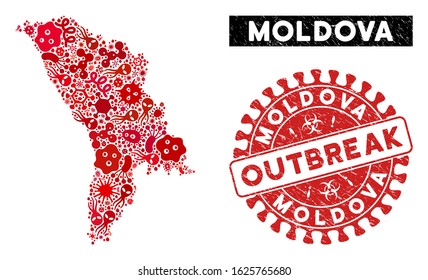Flu mosaic Moldova map and red distressed stamp seal with OUTBREAK text. Moldova map collage created with random contagious symbols. Red round OUTBREAK seal stamp with distress texture.