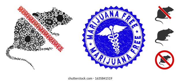 Flu mosaic no rat icon and rounded distressed stamp seal with Marijuana Free phrase and health care icon. Mosaic vector is designed with no rat icon and with randomized amoeba symbols.