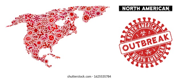 Flu mosaic North America map and red rubber stamp seal with OUTBREAK message. North America map collage constructed with randomized microorganism elements.