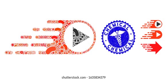 Flu mosaic rush right direction icon and round distressed stamp seal with Chemical phrase and doctor sign. Mosaic vector is formed with rush right direction icon and with random microorganism items.