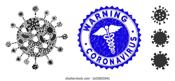 Flu mosaic SARS virus icon and round rubber stamp watermark with Warning Coronavirus text and medicine icon. Mosaic vector is composed with SARS virus icon and with random bacteria icons.