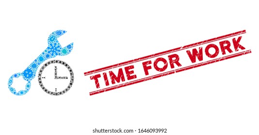 Flu mosaic service time icon and red Time for Work seal stamp between double parallel lines. Mosaic vector is designed with service time icon and with scattered bacillus items.