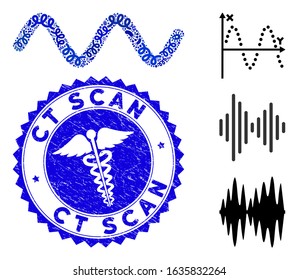 Flu mosaic sinusoid wave icon and round rubber stamp seal with Ct Scan caption and clinic icon. Mosaic vector is created with sinusoid wave icon and with randomized epidemic elements.