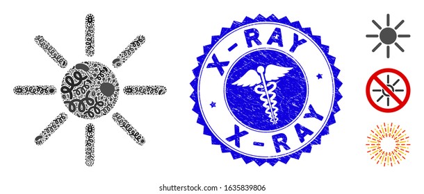 Flu mosaic sun icon and round corroded stamp seal with X-Ray phrase and medical sign. Mosaic vector is composed with sun icon and with scattered amoeba icons. X-Ray stamp uses red color,
