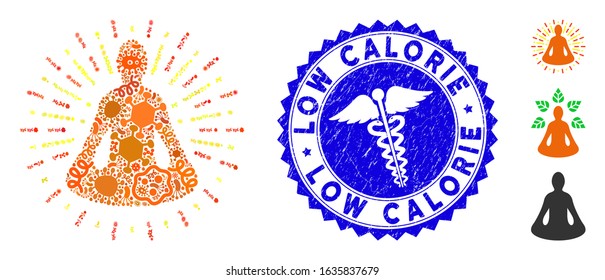 Flu mosaic yoga meditation icon and rounded corroded stamp seal with Low Calorie text and caduceus icon. Mosaic vector is formed with yoga meditation icon and with randomized microorganism icons.