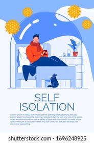 A flu patient lies in bed under a blanket with a thermometer and a mug of tea. The concept of self-isolation in the coronovirus pandemic.