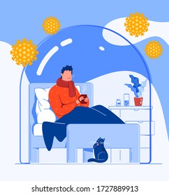 A flu patient lies in bed under a blanket with a thermometer and a mug of tea. The concept of self-isolation in the coronovirus pandemic.