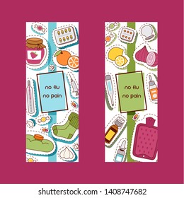 Flu pattern vector sick character with fever and illness and sneezing nose illustration backdrop sticker set of sickness and medical treatment signs with medicines background.