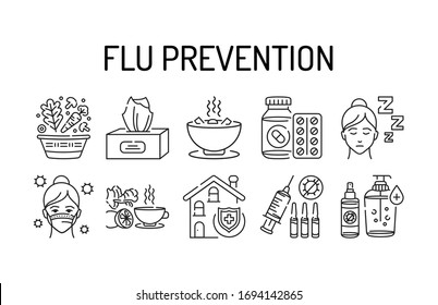 Flu prevention black line icons set. Prevention of the disease and spread of the influenza virus. Pictogram for web page, mobile app, promo. UI UX GUI design element.