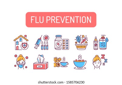 Flu prevention color line icons set. Prevention of the disease and spread of the influenza virus. Pictogram for web page, mobile app, promo. UI UX GUI design element.