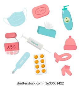 Flu Prevention Kit. Set for the prevention of infectious diseases. Vector illustration for design.