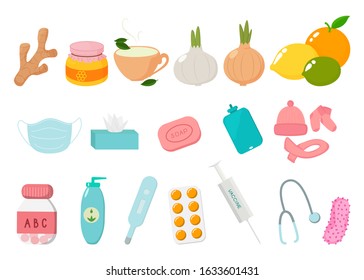 Flu Prevention Kit. Set for the prevention of infectious diseases. Vector illustration for design.
