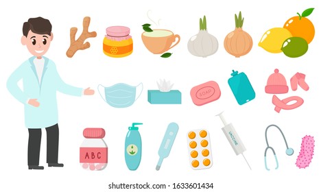 Flu Prevention Kit. Set for the prevention of infectious diseases. Vector illustration for design.