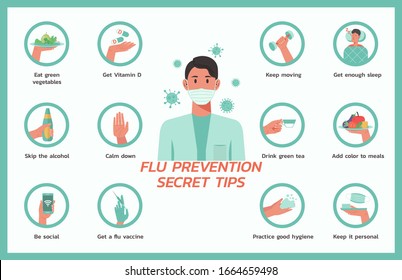 flu prevention secret tips infographic concept, healthcare and medical about flu protection, flat vector symbol icon, layout, template illustration in horizontal design