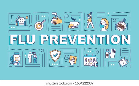 Flu prevention word concepts banner. Immunization with vitamin. Vaccination shot. Infographics with linear icons on turquoise background. Isolated typography. Vector outline RGB color illustration