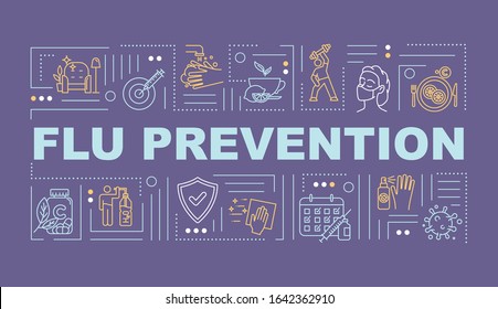 Flu prevention word concepts banner. Health protection. Vaccination shot. Infographics with linear icons on purple background. Isolated typography. Vector outline RGB color illustration