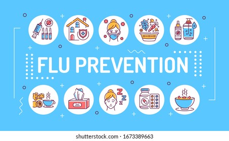 Flu prevention word lettering typography. Prevention of the disease and spread of the influenza virus. Infographics with linear icons on blue background. Creative idea concept.