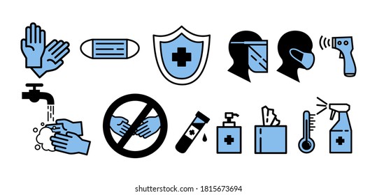 Flu preventive icons set. Collection of simple icons such as medical mask, coronavirus prevention, face shield, hand sprayer, antiseptic, thermometer, hand gloves, and other. Editable vector stroke.