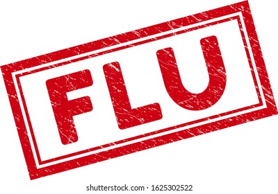Flu rectangle framed stamp seal. Red vector rectangle distress seal with Flu phrase inside rectangle double border. Designed for rubber imitations with distress rubber surface.