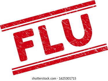 Flu seal. Red vector distress seal with Flu caption between double parallel lines. Designed for rubber imitations with distress rubber texture.