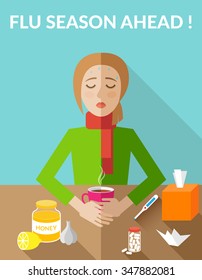 Flu Season Ahead. Sick Young Woman Sitting At The Table With Cup Of Cold Drink. Vector Flat Illustration.