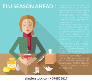 Flu Season Ahead-vector Infographic Template With Text Area Which Created In Flat Style. Sick Young Woman Sitting At The Table With Big Cup Of Hot Drink.