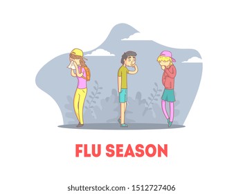 Flu Season Banner, People Feeling Unwell, Teenage Boys and Girl Having Cold Vector Illustration