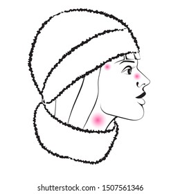 Flu season and colds. Profile of a sick girl with the symptoms of the disease in a hat and scarf. Isolated vector.