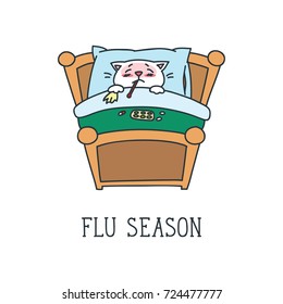 Flu season. Doodle vector illustration of sick white cat lying in bed with a thermometer in mouth