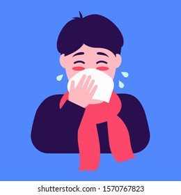 Flu season. Flat character sneezing. Lovely flat design illustration. 