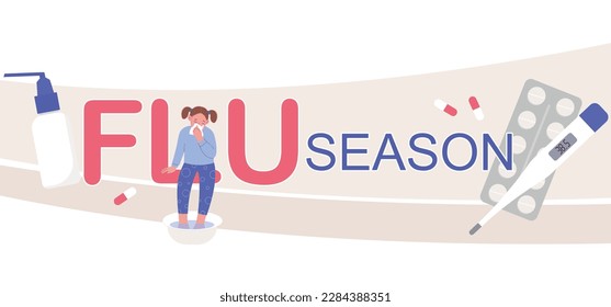 Flu season flat horizontal text banner with sick child thermometer and medication vector illustration