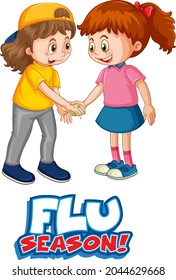 Flu Season font in cartoon style with two kids do not keep social distance isolated on white background illustration